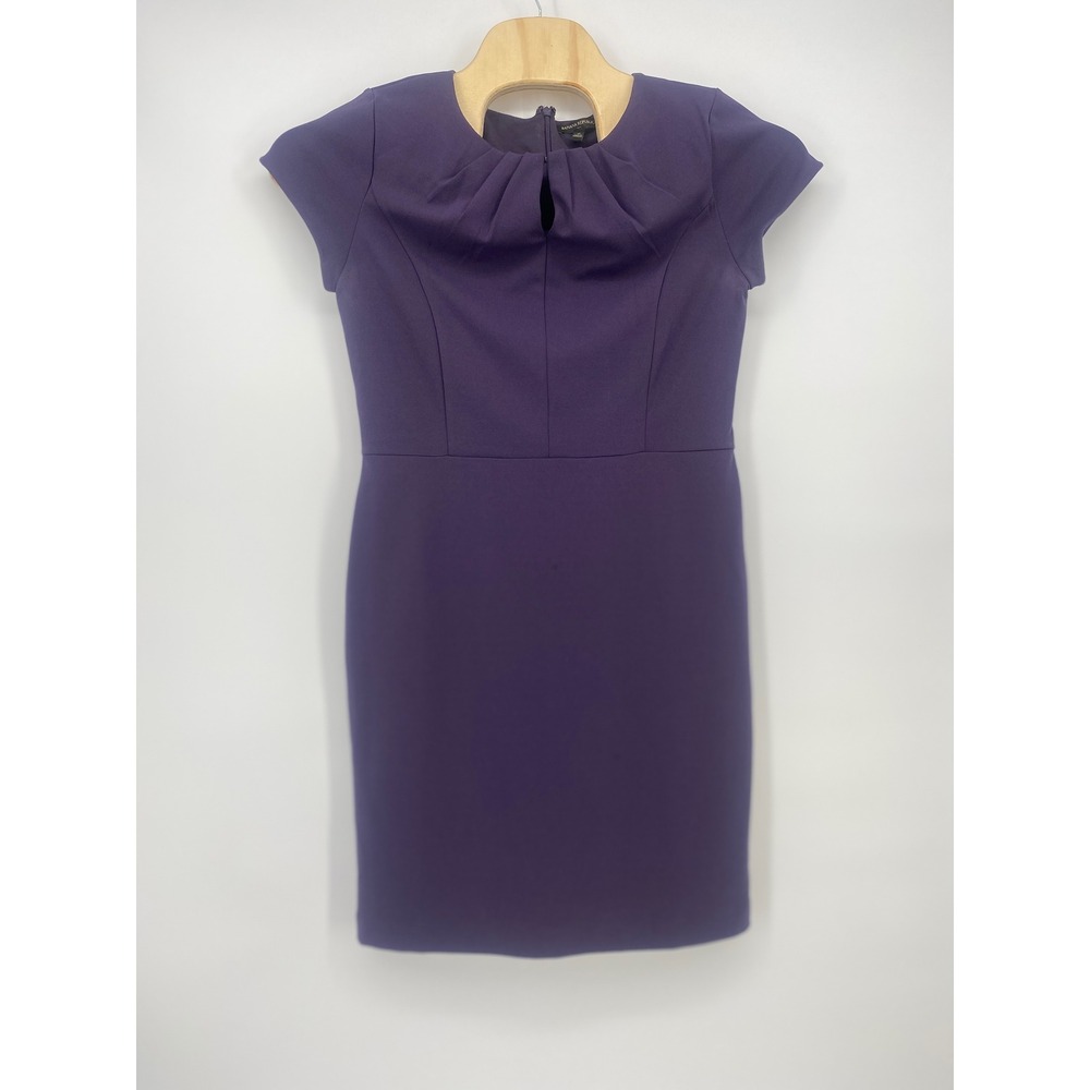 Banana Republic Sheath Dress 12 Purple Pleated Keyhole Neck Cap Sleeve Excellent